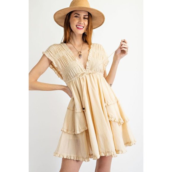 easel Dresses Only 2 Left Easel Vanilla Ruffle Deep V Neck Cotton